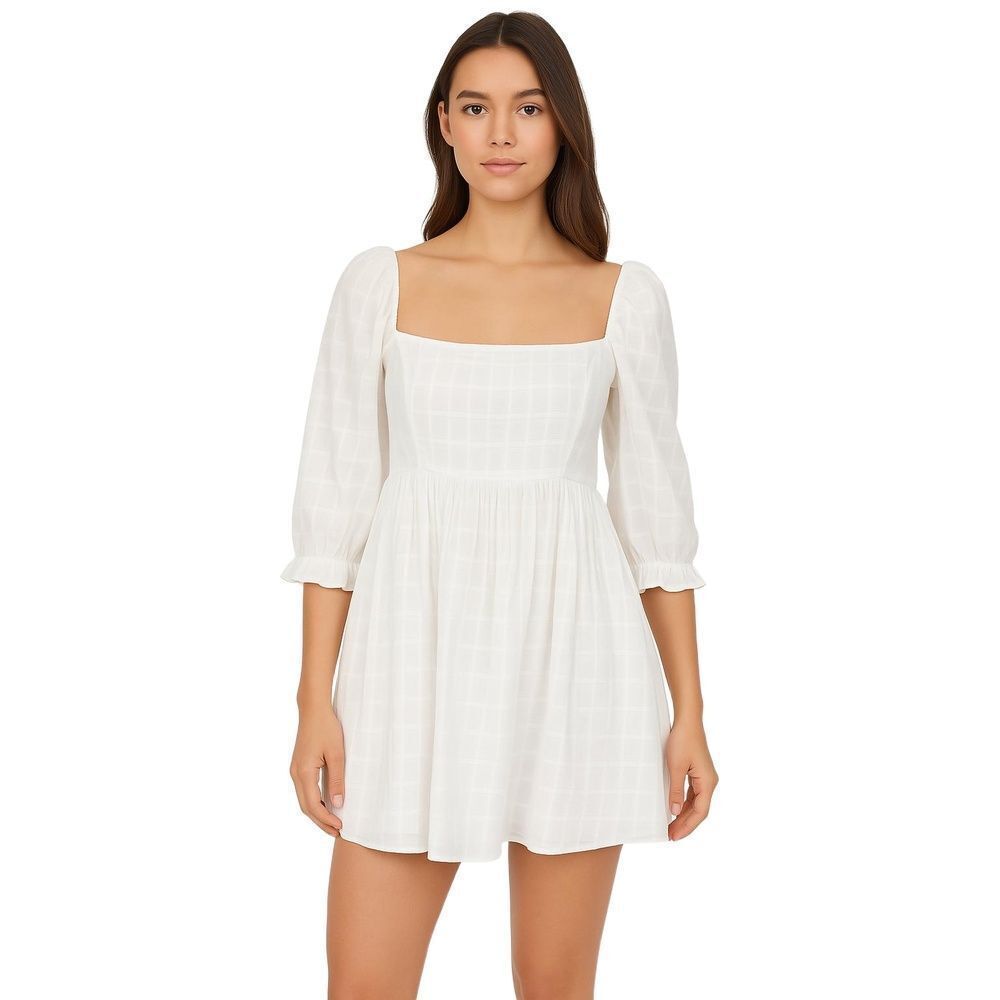 Mable White Plaid Puff Sleeve Babydoll Fit Flare Mini Dress Womens Small
